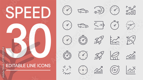 Speed and Performance Editable Line Icons Set with 30 Symbols Keywords: speed, performance, icons, velocity, fast, quick, motion, movement