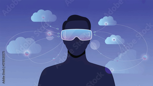 Silhouette of person wearing V R headset connected to clouds