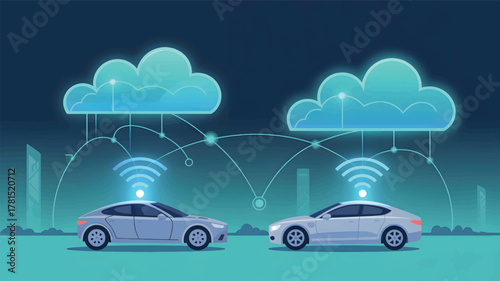 Two cars connected to cloud networks with wifi signals