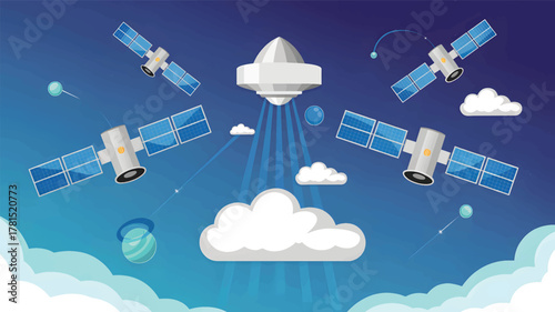 Satellites orbiting a central object with clouds and planets