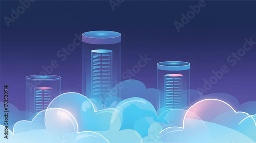 Three glowing cylindrical towers in blue and purple clouds