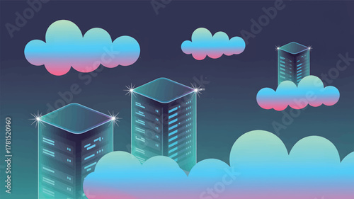 Isometric digital skyscrapers and clouds at night building