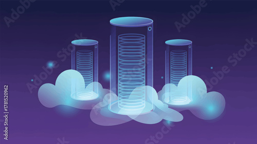 Three glowing cylindrical servers in abstract blue clouds