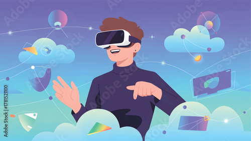 Person wearing V R headset interacting with digital elements