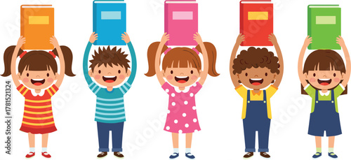 Cartoon children holding books, smiling kids in colorful outfits, reading celebration, educational illustration, joyful learning moment, playful school scene, literacy awareness design