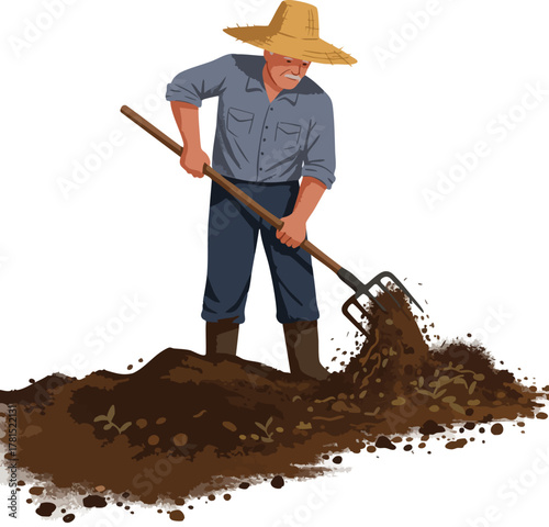 A farmer turns over soil with a garden rake on World Soil Day.