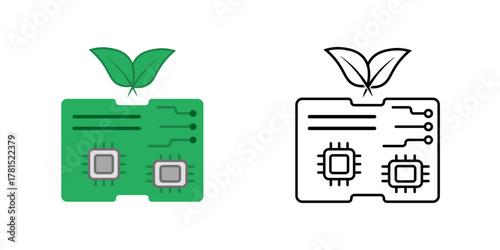 Ethical circuit icon showing a circuit board with a leaf sprouting from one line. Perfect for sustainable technology, responsible innovation, and green computing concepts.