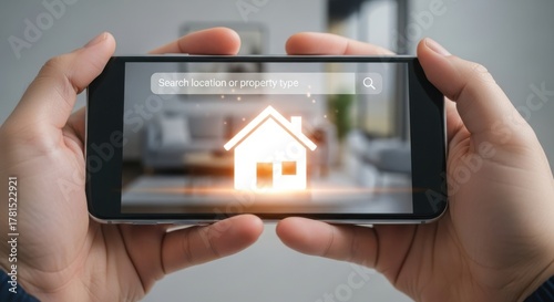 Real Estate Property Search: Hands Holding Smartphone Displaying Glowing House Icon and Search Bar for Home Buying and Location Finding
