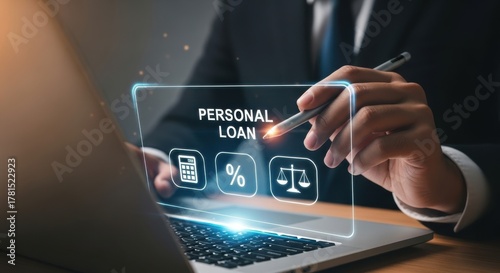 Personal Loan Application: Businessman Writing on Holographic Screen with 'Personal Loan' Text and Finance Icons for Credit and Financial Service