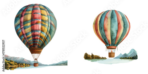 flying hot air balloon with lake view watercolor vector illustration