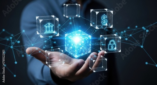 Blockchain Digital Finance: Hand Holding Glowing Cube Surrounded by Banking, Money, and Security Icons for Decentralized Transaction and Technology