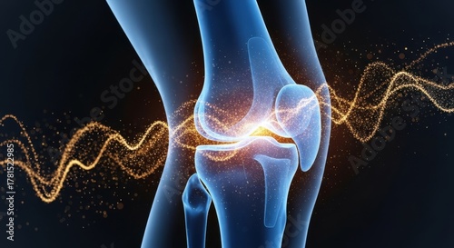 Joint Pain Treatment: 3D Render of Human Knee Joint Surrounded by Glowing Particle Waves for Orthopedic Pain Relief and Medical Technology