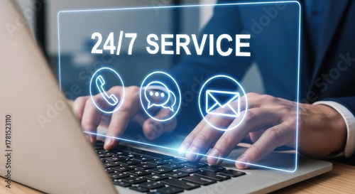 24/7 Customer Service: Hands Typing on Laptop with Holographic '24/7 SERVICE' Text and Communication Icons for Support and Availability