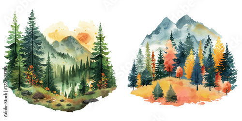 forest mountain lanscape watercolor vector illustration