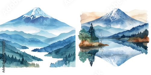 japanese fuji mountain lanscape watercolor vector illustration