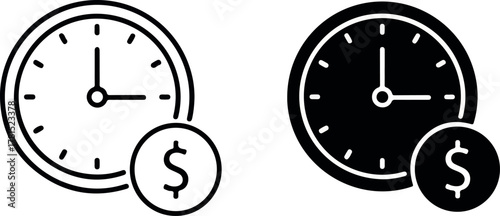Time is money concept icon set with clock and dollar coin.