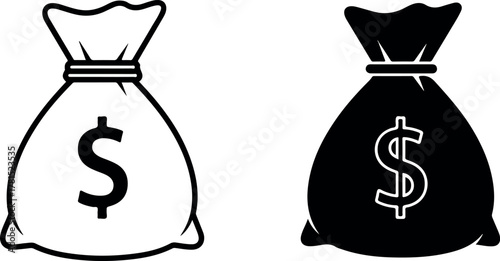 Money bag icon set with dollar sign in outline and solid styles.