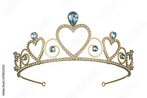 Elegant gold tiara with sparkling blue gemstones and romantic heart shapes for special occasions