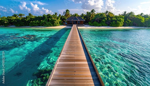 Wooden Boardwalk Leads To A Tropical Island Bungalow Surrounded By Crystal Clear Turquoise Water Under A Bright Blue Sky