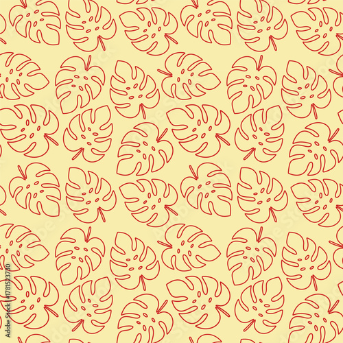 Seamless pattern with red outline Monstera leaves on a yellow background