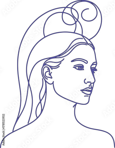 Elegant woman profile with flowing stylized hair and decorative abstract swirls in vibrant colors