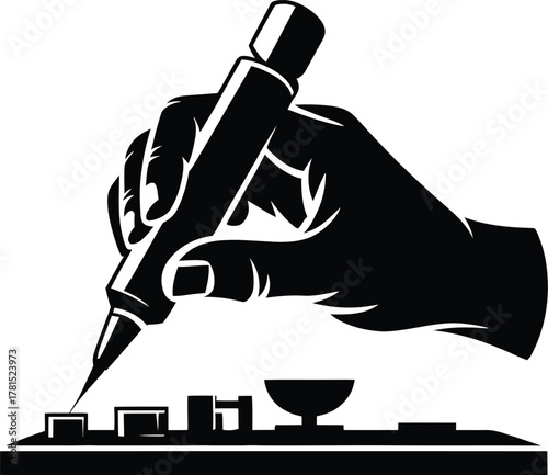 Close up silhouette of a hand soldering a complex circuit board with tools