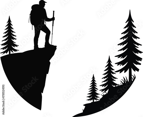 Hiker standing on a cliff edge with pine trees in the background silhouette