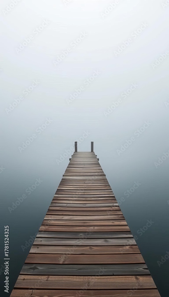Fototapeta premium Distant view of a wooden dock disappearing into a misty lake on a foggy morning, landscape, fog