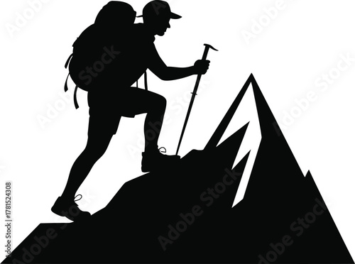 Silhouette of a hiker with a backpack and trekking poles reaching a mountain summit
