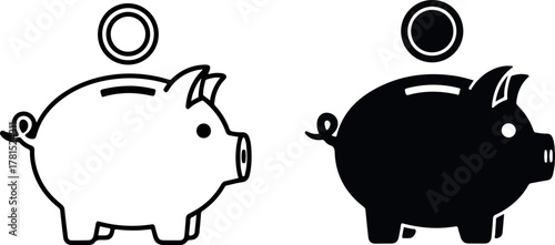 Piggy bank vector icon set in outline and solid silhouette styles.