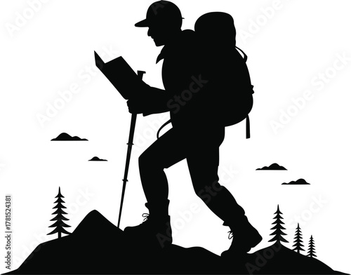 Hiker with map and trekking pole among pine trees silhouette