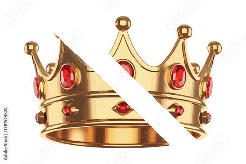 Golden royal crown broken in half with rich red jewels and ornate details