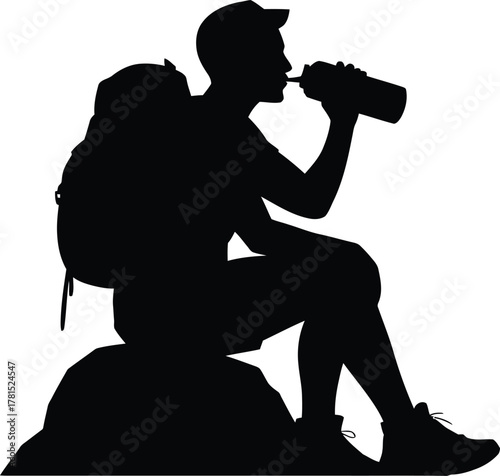 Hiker resting on a rock and drinking water a distinctive silhouette illustration