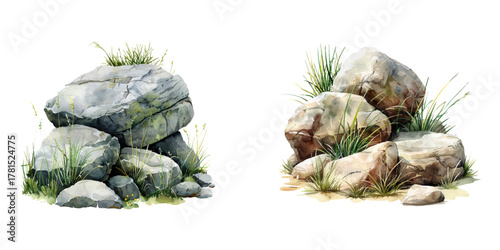 stone and grass watercolor vector illustration