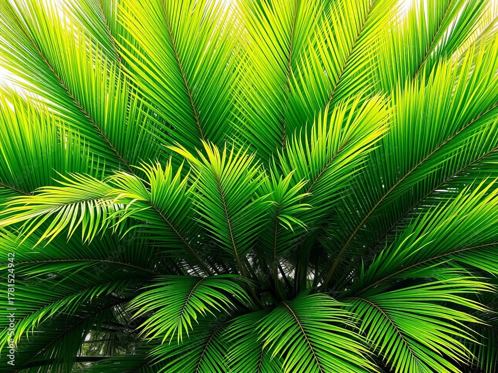 Fototapeta premium A dense cluster of vibrant green palm leaves forming a natural canopy overhead, inviting shade, growth, organic