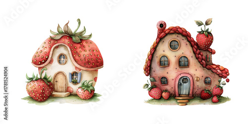 strawberry house watercolor vector illustration