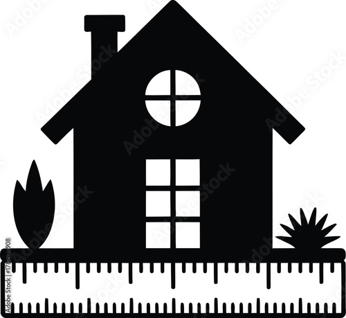 Real estate house measurement with ruler and blueprint silhouette