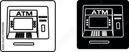 ATM machine icon set in black and white line art style.