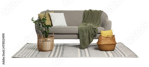 Grey sofa, pillows, blanket, houseplant, wicker basket and rug isolated on white
