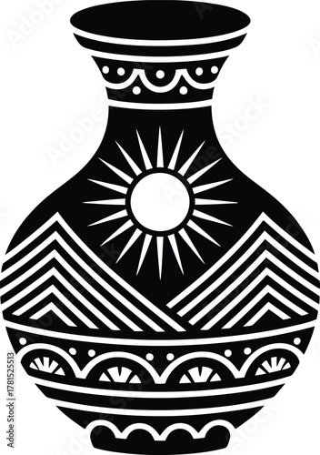Stylized silhouette of a pottery vase with sun and mountain elements