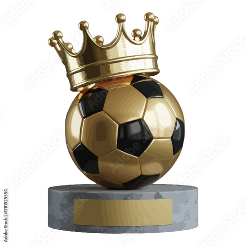 Golden soccer ball trophy with a regal crown atop a polished marble base award illustration