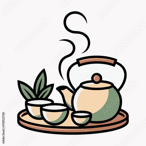 cup of tea with teapot. Steaming teapot and cups with leaves on a tray beverage drink.
