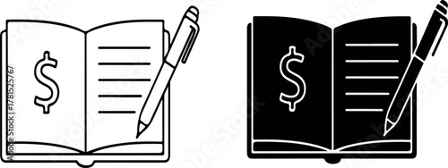 Financial ledger book with pen icon set in line and glyph styles.