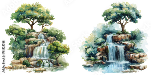 tree and waterfall watercolor vector illustration