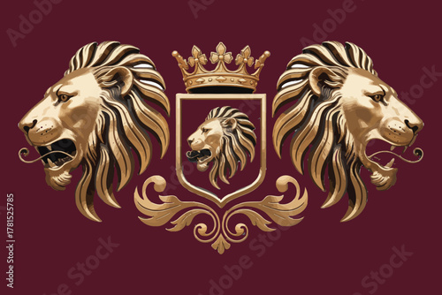 Elegant golden lion coat of arms with royal crown and intricate ornate heraldic details