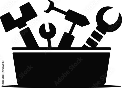 Illustration of a toolbox filled with various tools presented in a distinct silhouette style
