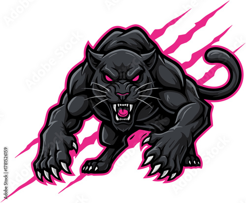 Vector illustration of a black panther roaring with sharp claws