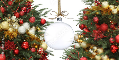 Christmas ball and fir trees with ornaments on white background. Banner design