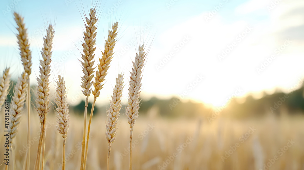 Fototapeta premium Golden wheat stalks bending in warm evening sunlight, peaceful rural harvest mood