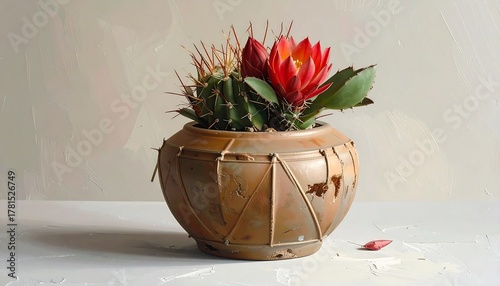 A vibrant cactus with a red flower blooms in a rustic, weathered copper pot on a textured white surface. The background is a soft, painted neutral